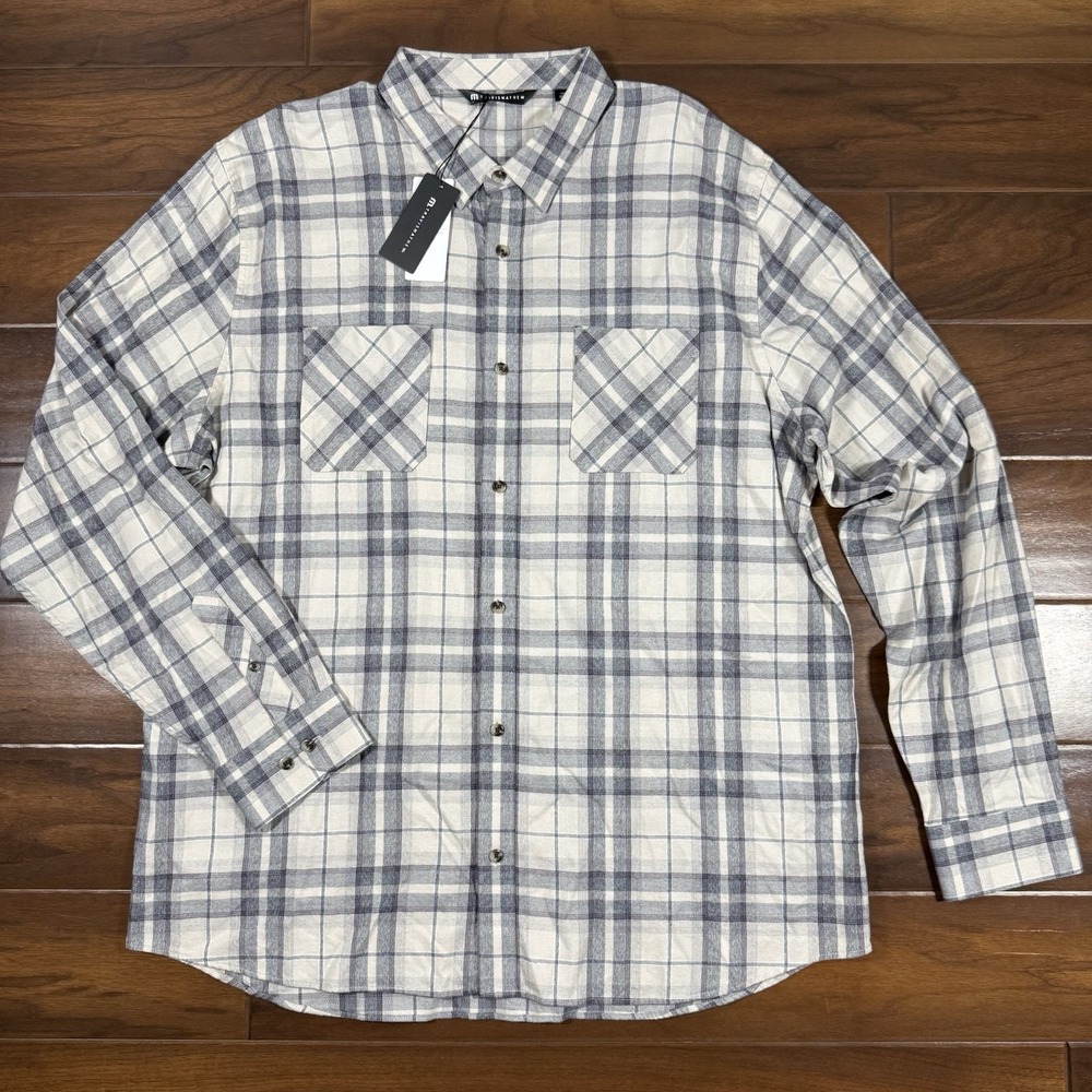 Travis Mathew Men's Size XXL Tan Plum Plaid Cloud Flannel Button Down Shirt‎